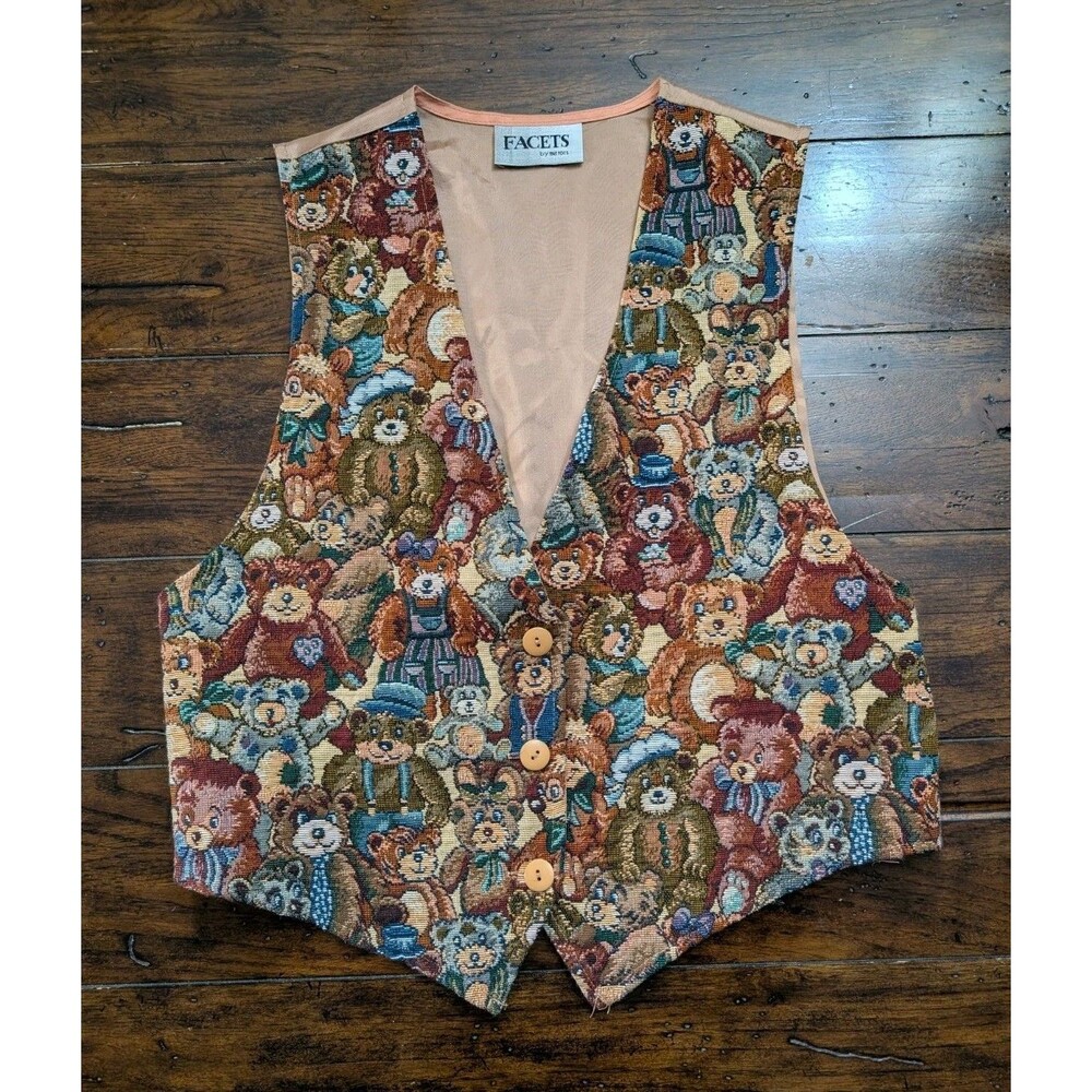 Vtg 90s FACETS Tapestry Teddy Bear Vest Medium Grandmacore Cottagecore Trend